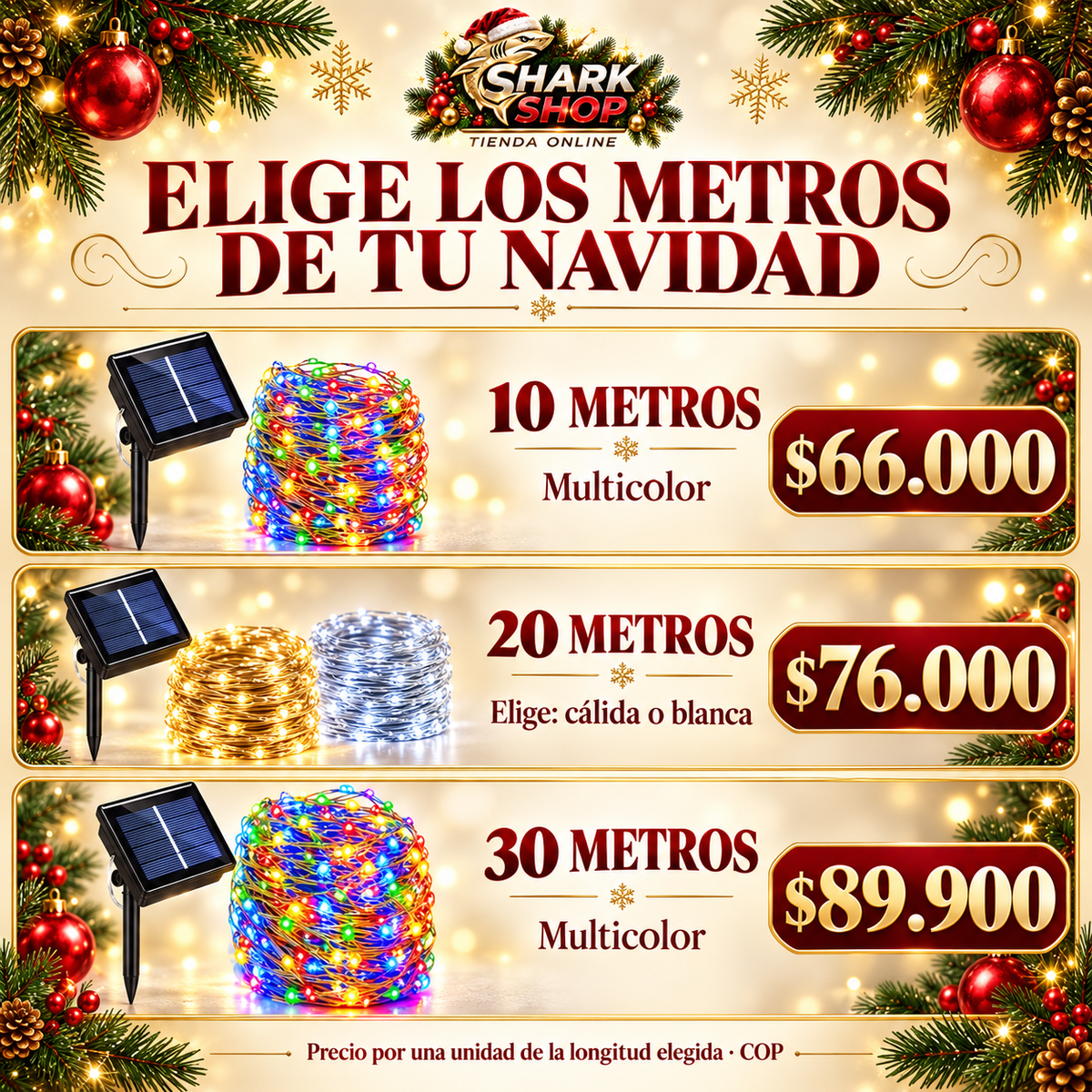 Luces Navideñas Solares LED · 10, 20 y 30 metros