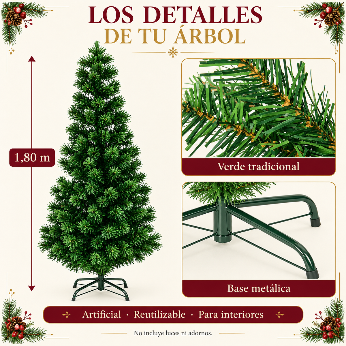 Árbol de Navidad Verde de 1,80 m con Base Metálica