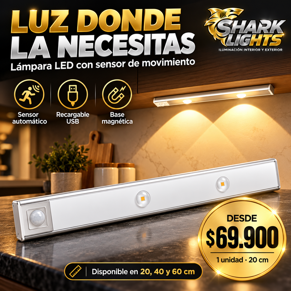 Lámpara LED Magnética con Sensor de Movimiento y 3 Tonos